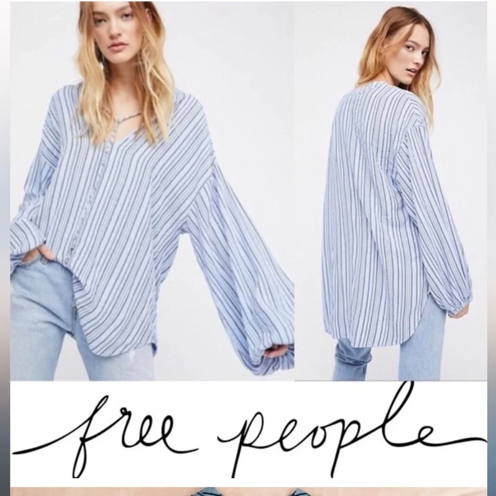 Free People Rhythm of the Night Blue and Black Striped Oversized Tunic Top - Picture 2 of 7